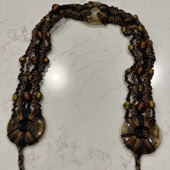 Retro Womens Macrame Brown Black Resin Bead BOHO BOHEMIAN Tie Belt lgth 36-72 " - Picture 6 of 9